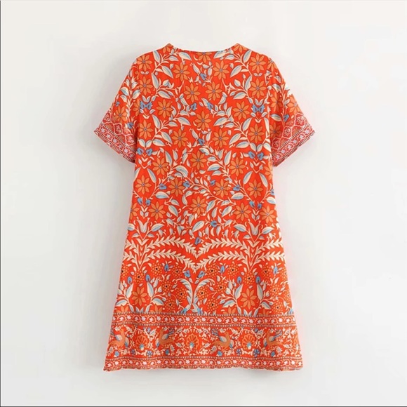 Orange Button Up Boho Floral Gypsy Print Dress - Picture 3 of 10